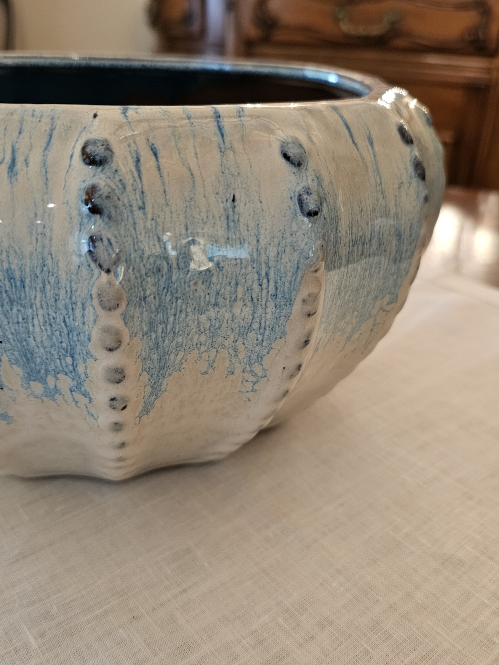 Large 11" Sea Urchin Ceramic Planter Pot Heavy Stoneware Blue White Garden Basin - Picture 4 of 7